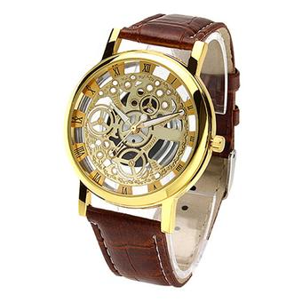 Unisex Roman Numerals Brown Faux Leather Golden Dial Watch  