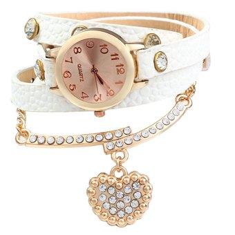 Vintage Leopard Leather Wrap Bracelet Wrist Women Watch with Heart Pendant Rhinestone (White) - Intl  