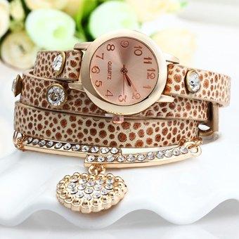 Vintage Leopard Leather Wrap Bracelet Wrist Women Watch with Heart Pendant Rhinestone (Beige) - Intl  