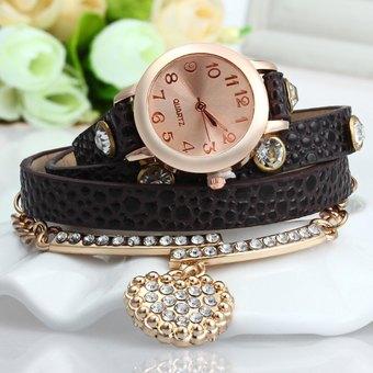 Vintage Leopard Leather Wrap Bracelet Wrist Women Watch with Heart Pendant Rhinestone (Brown) - Intl  