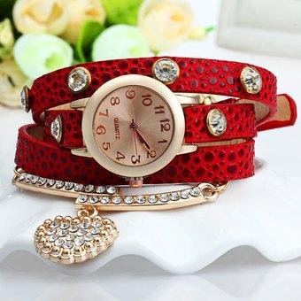 Vintage Leopard Leather Wrap Bracelet Wrist Women Watch with Heart Pendant Rhinestone (Red) - Intl  