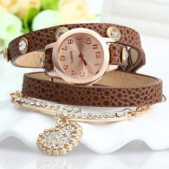 Vintage Leopard Leather Wrap Bracelet Wrist Women Watch with Heart Pendant Rhinestone (Coffee) - Intl  