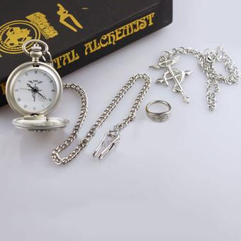 Vintage Pocket Watch Necklace Ring Full Alloy Cosplay Quartz Pocket Watch Pendant with Chain Unisex Gift Silver (Intl)  