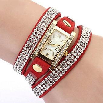 Vintage Square Dial Rhinestone Weave Wrap Leather Bracelet Watch (Red)  