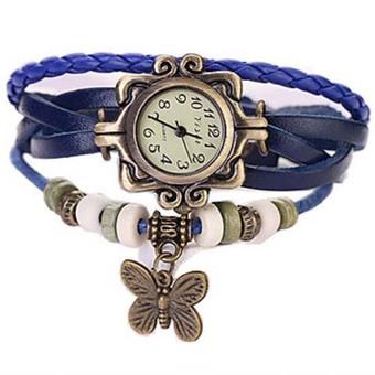 Vintage Women Analog Quartz Dial Watch Leather Cute Butterfly Watch Wrist Bracelet Retro Blue (Intl)  