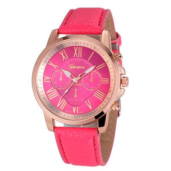 Vogue Women Geneva Roman Numerals Faux Leather Analog Quartz Wrist Watch Hot Pink  