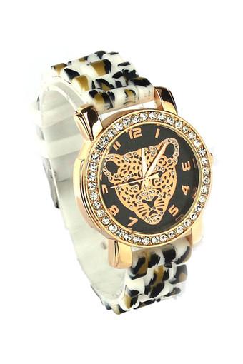 Vogue Women Leopard Head Watch Leopard Silicone Fashion Diamond Watch Black Jam Tangan  