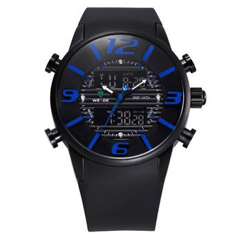 WEIDE WH-3402 Men' Luxury PU Rubber Strap LCD Back Light Military Army Diver Sport Wristwatch Black With Blue  