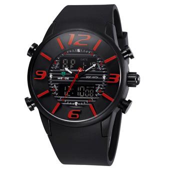 WEIDE WH-3402 Men' Luxury PU Rubber Strap LCD Back Light Military Army Diver Sport Wristwatch Black With Red  