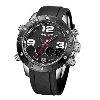 WEIDE WH-3405 Men' Luxury PU Leather Strap Quartz & Digital LCD Back Light Military Sport Wristwatch Black With Silver And White  