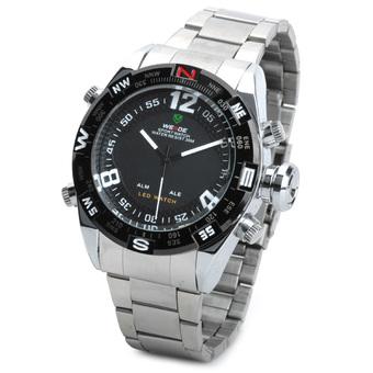 WEIDE WH2310-1 Stainless Steel Band Analog + Digital LED Quartz Wrist Watch for Men - Black/Silver  