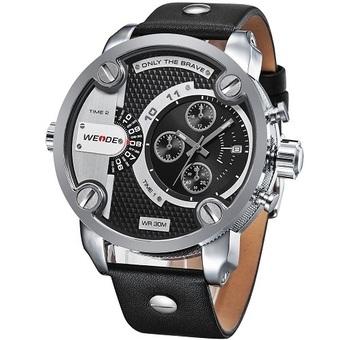 WEIDE WH3301 Men Sports Watch Genuine Leather Strap Waterproof Oversize Quartz Wristwatch (Silver Black Dial) (Intl)  