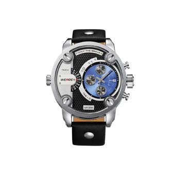 WEIDE WH3301 Men's Sports Genuine Leather Strap Waterproof Oversize Quartz Wristwatch(Black + Blue)  