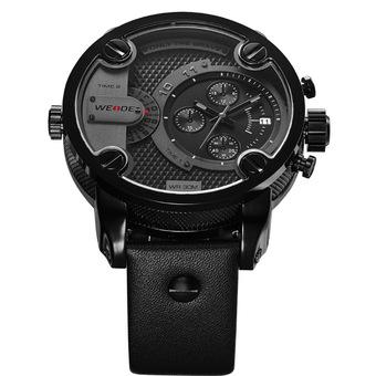 WEIDE WH3301 Men's Sports Wristwatch Black Dial Genuine Leather Strap Waterproof Oversize Quartz (Intl)  