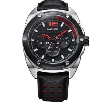 WEIDE WH3306 Men's Sports Waterproof Genuine Leather Strap Quartz Watch (Black)  