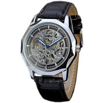 WINNER Automatic Skeleton Mechanical Black Leather Mens Sport Watch Silver Case WW105 (Intl)  