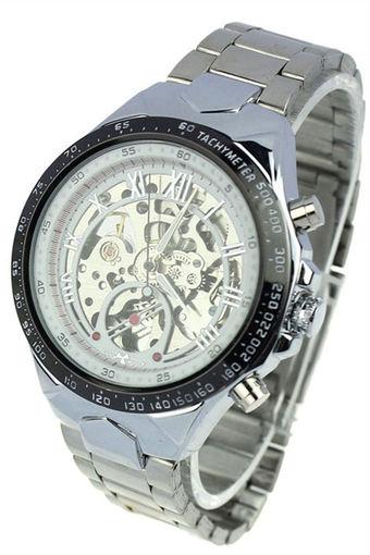 WINNER Men Skeleton Automatic Mechanical Stainless Steel Band Watch White Jam Tangan  