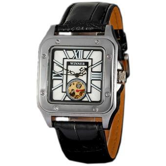 WINNER Skeleton Automatic Mechanical Square Black Leather Strap Mens Watch WW066 (Intl)  