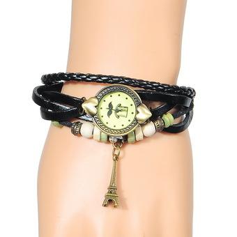 Weave Wrap Beads Leaf Pendant Leather Strap Bracelet WristWatch (Black)  