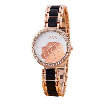 Women Black Stainless Steel Flower Bling Crystal Quartz Wrist Watch  