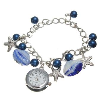 Women Blue Beads Shell Chain Quartz Wrist Watch  