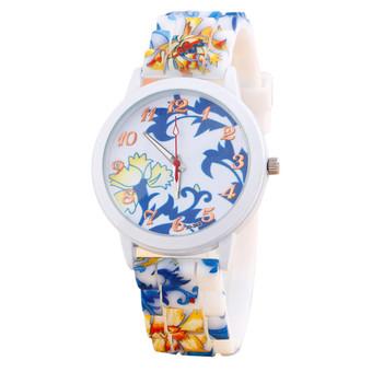 Women Blue Flower Printed Silicone Strap Analog Quartz Wrist Watch  