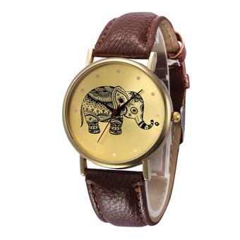 Women Brown Pu Leather Band Elephant Patterns Analog Quartz Wrist Watch  