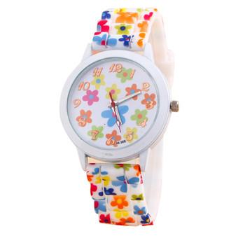 Women Colorful Flower Printed Silicone Strap Analog Quartz Wrist Watch  