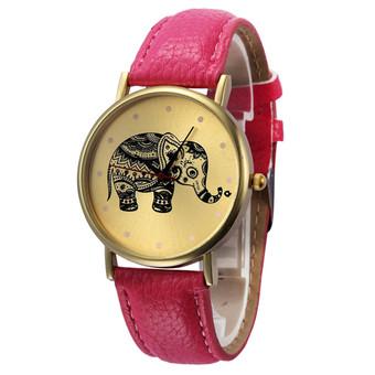 Women Hot Pink Pu Leather Band Elephant Patterns Analog Quartz Wrist Watch  