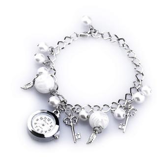 Women Imitation Pearl Quartz Round Dial Bracelet Pendants Wrist Watch  