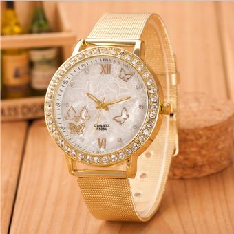 Women Ladies Crystal Butterfly Gold Stainless Steel Mesh Band Wrist Watch Gold (Intl)  