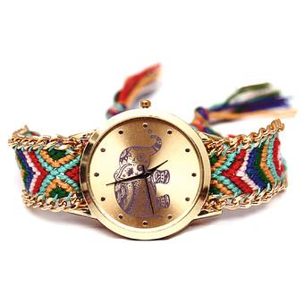 Women Ladies Elephant Pattern Weaved Rope Band Bracelet Quartz Dial Wrist Watch Colorful  