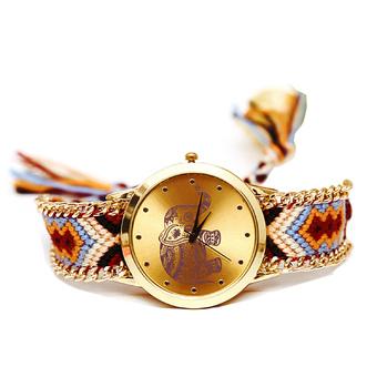 Women Ladies Elephant Pattern Weaved Rope Band Bracelet Quartz Dial Wrist Watch Orange  