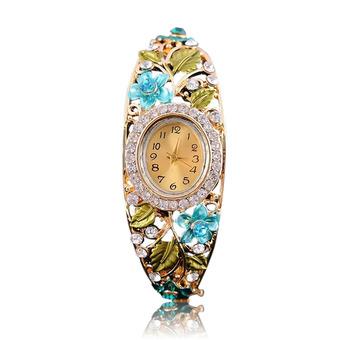 Women Ladies Retro Flower Metal Rhinestone Bracelet Wrist Quartz Watch Blue (Intl)  