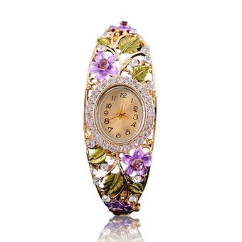 Women Ladies Retro Flower Metal Rhinestone Bracelet Wrist Quartz Watch Purple (Intl)  