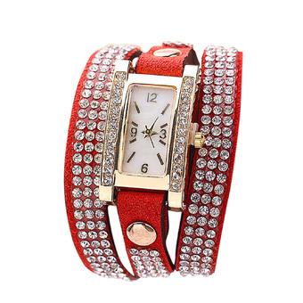 Women Ladies Square Dial Rhinestone Weave Wrap Bracelet Wrist Watch Red  