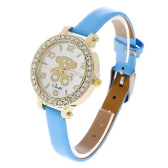 Women Leather Band Bear Pattern Cartoon Quartz Wristwatch Skyblue (Intl)  