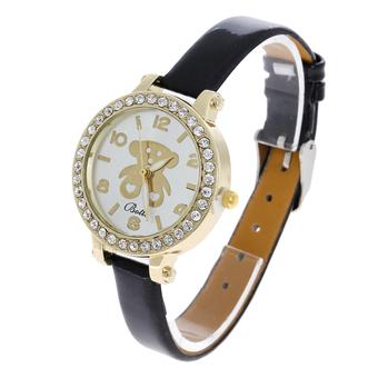 Women Leather Band Bear Pattern Cartoon Quartz Wristwatch Black (Intl)  