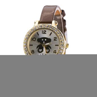 Women Leather Band Bear Pattern Cartoon Quartz Wristwatch Brown (Intl)  