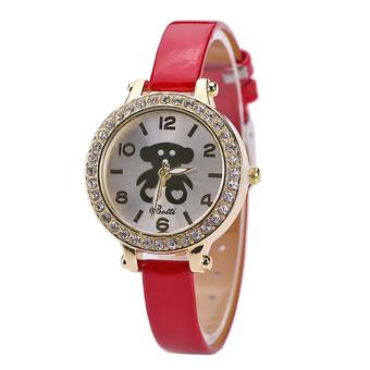 Women Leather Band Bear Pattern Cartoon Quartz Wristwatch Red (Intl)  