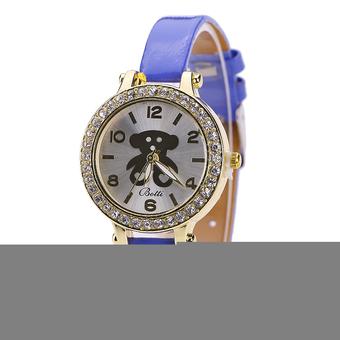 Women Leather Band Bear Pattern Cartoon Quartz Wristwatch Blue (Intl)  