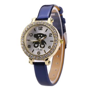 Women Leather Band Bear Pattern Cartoon Quartz Wristwatch Royalblue (Intl)  