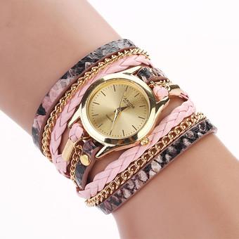 Women Leopard Band Bracelet Quartz Braided Winding Wrap WristWatch Pink  