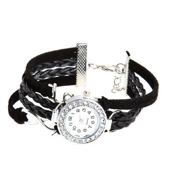 Women Love Bracelet Bangle Leather Crystal Dial Analog Quartz Watch Black (Intl)  