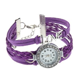 Women Love Bracelet Bangle Leather Crystal Dial Analog Quartz Watch Purple (Intl)  