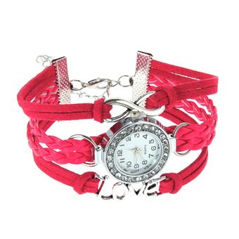 Women Love Bracelet Bangle Leather Crystal Dial Analog Quartz Watch Rosered (Intl)  