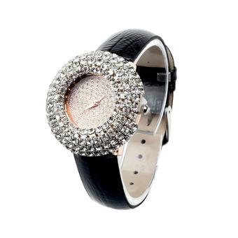 Women Luxury Starry Leather Inlay Diamond Rhinestone Quartz Watches Black  