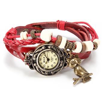 Women Multilayer Wrap Owl PU Leather Bracelet Wrist Watch  