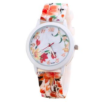 Women Orange Flower Printed Silicone Strap Analog Quartz Wrist Watch  