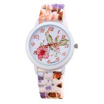 Women Purple Flower Printed Silicone Strap Analog Quartz Wrist Watch  